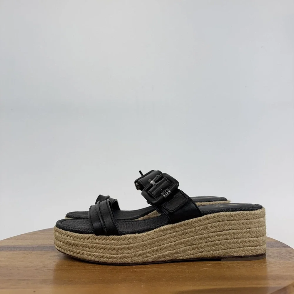 Womens‎ Sam Edelman Carson Black Leather Platform Espadrille Slide Sandals Sz 11